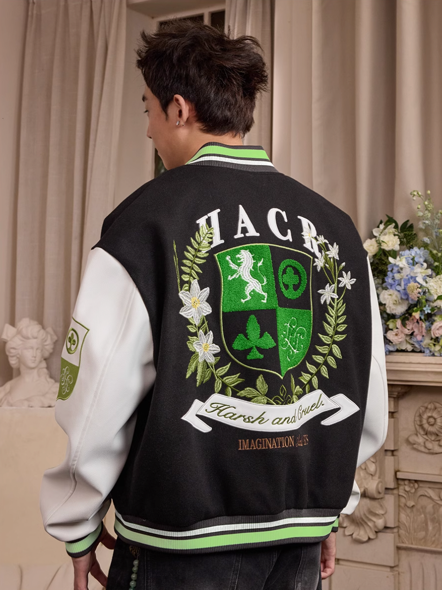 Harsh and Cruel Wreath Shield Badge Embroidered Varsity Jacket | Face 3 Face