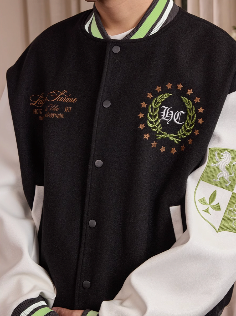 Harsh and Cruel Wreath Shield Badge Embroidered Varsity Jacket | Face 3 Face