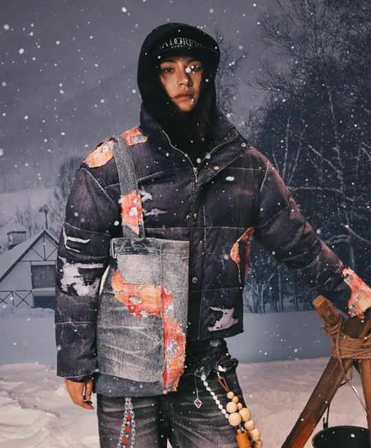 YADcrew Evening Lace Patch 3D Printed Denim Down Jacket | Face 3 Face