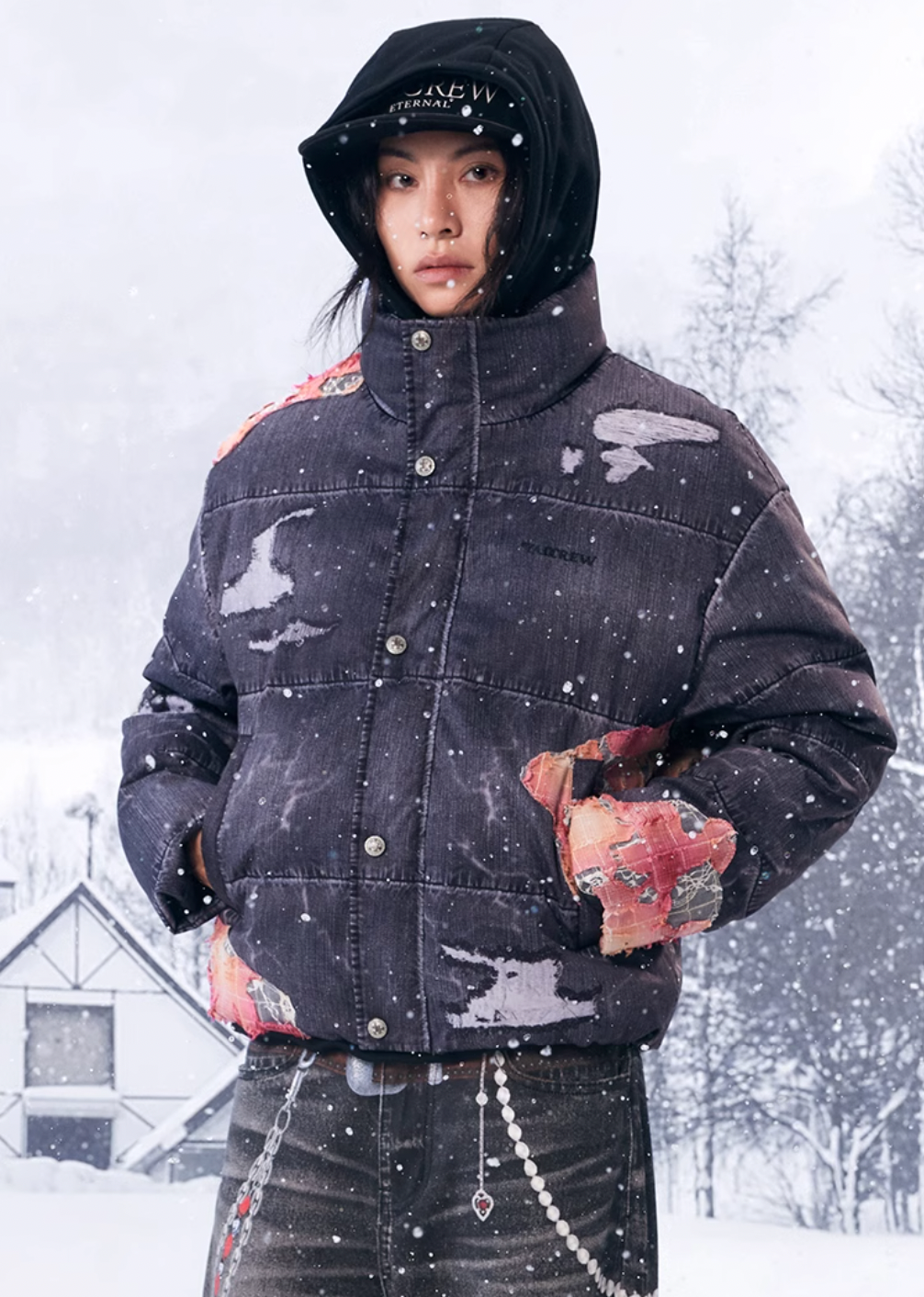 YADcrew Evening Lace Patch 3D Printed Denim Down Jacket | Face 3 Face