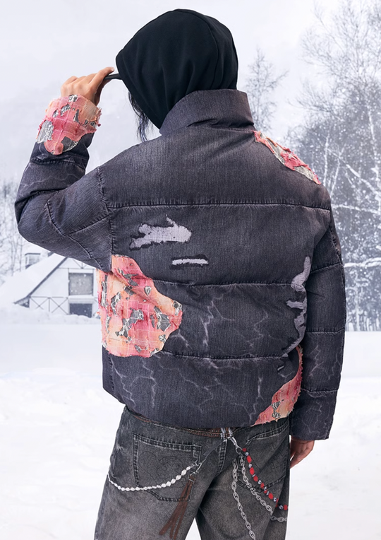 YADcrew Evening Lace Patch 3D Printed Denim Down Jacket | Face 3 Face