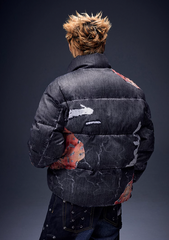 YADcrew Evening Lace Patch 3D Printed Denim Down Jacket | Face 3 Face