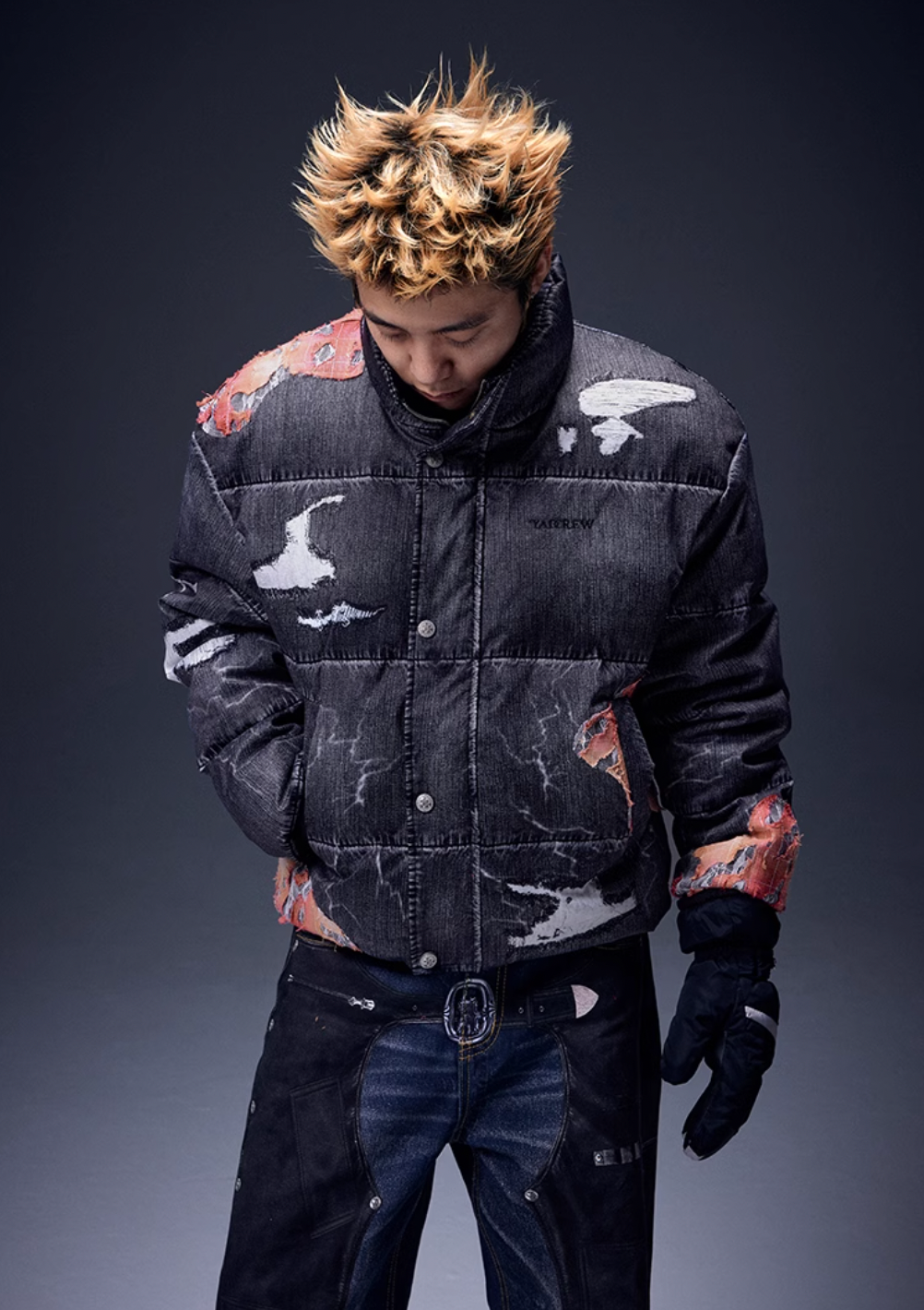 YADcrew Evening Lace Patch 3D Printed Denim Down Jacket | Face 3 Face