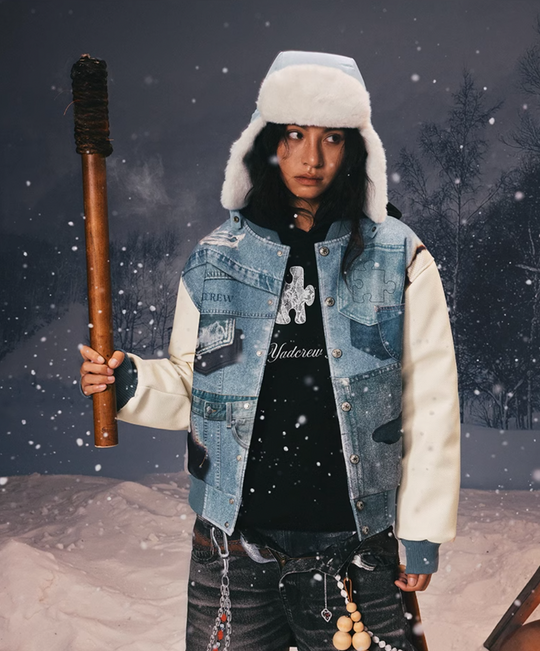 YADcrew Denim Printed Varsity Jacket | Face 3 Face