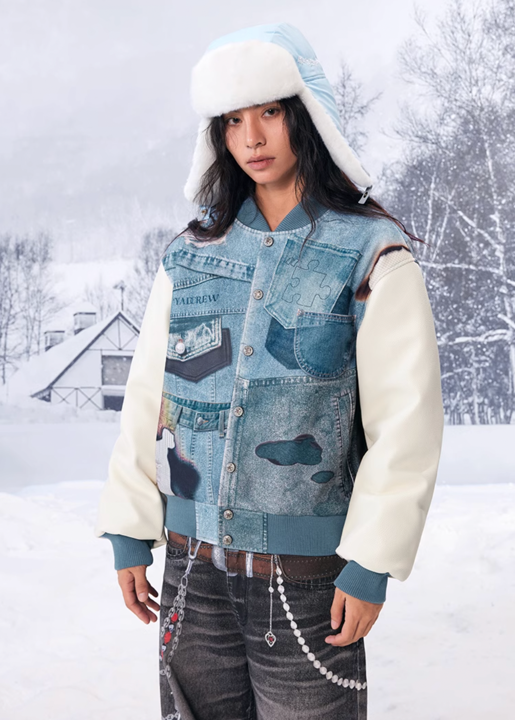 YADcrew Denim Printed Varsity Jacket | Face 3 Face