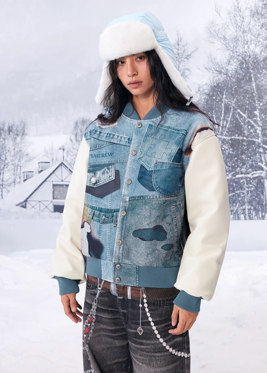 YADcrew Denim Printed Varsity Jacket | Face 3 Face