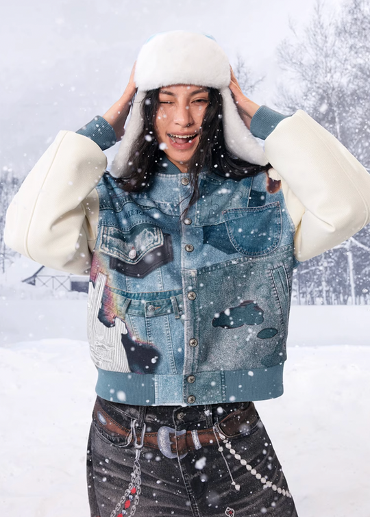 YADcrew Denim Printed Varsity Jacket | Face 3 Face