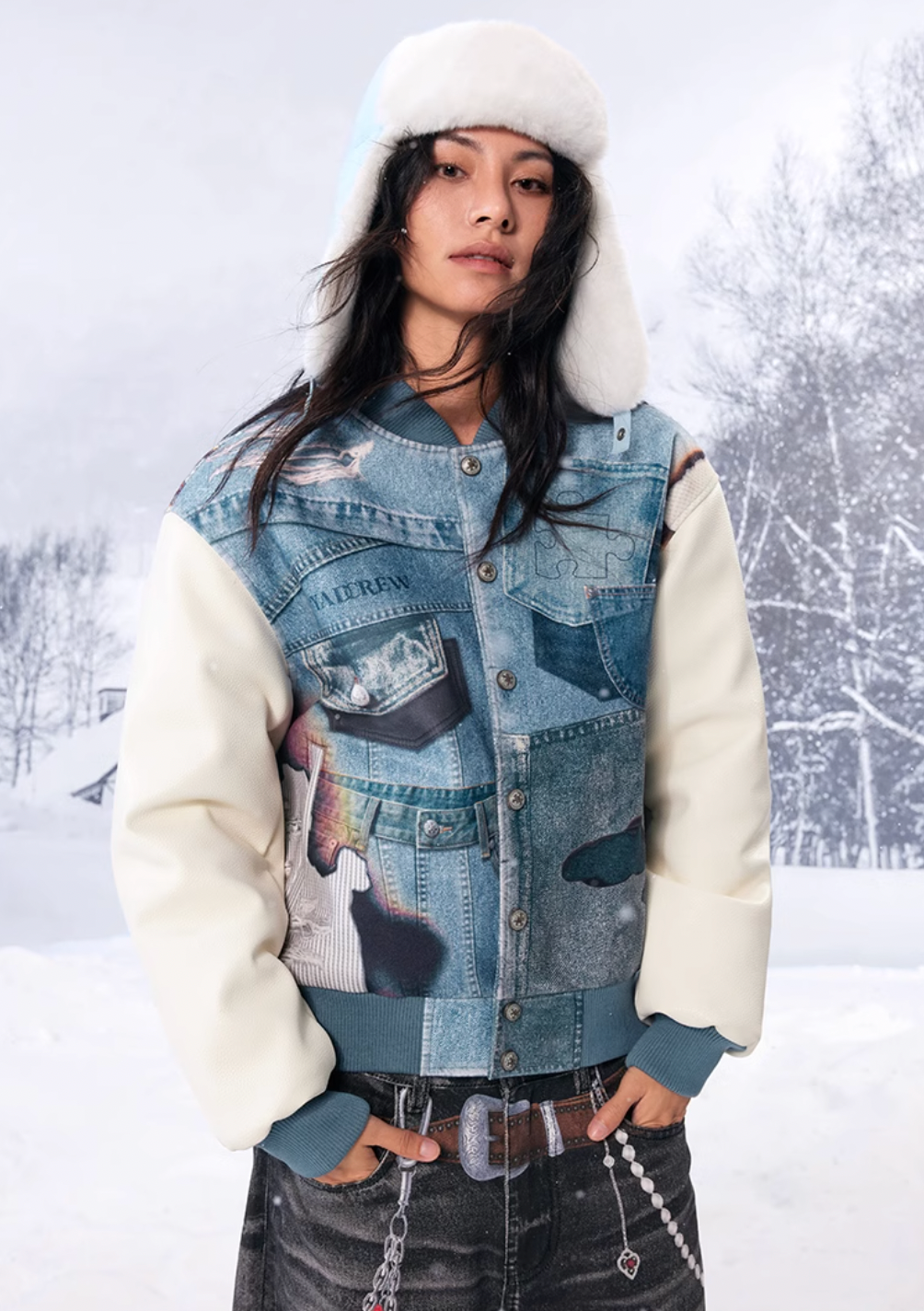 YADcrew Denim Printed Varsity Jacket | Face 3 Face