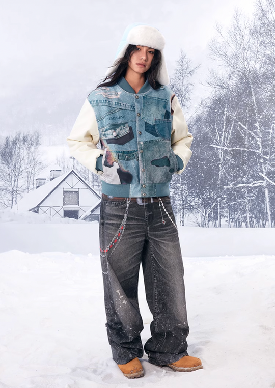 YADcrew Denim Printed Varsity Jacket | Face 3 Face