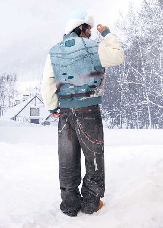 YADcrew Denim Printed Varsity Jacket | Face 3 Face