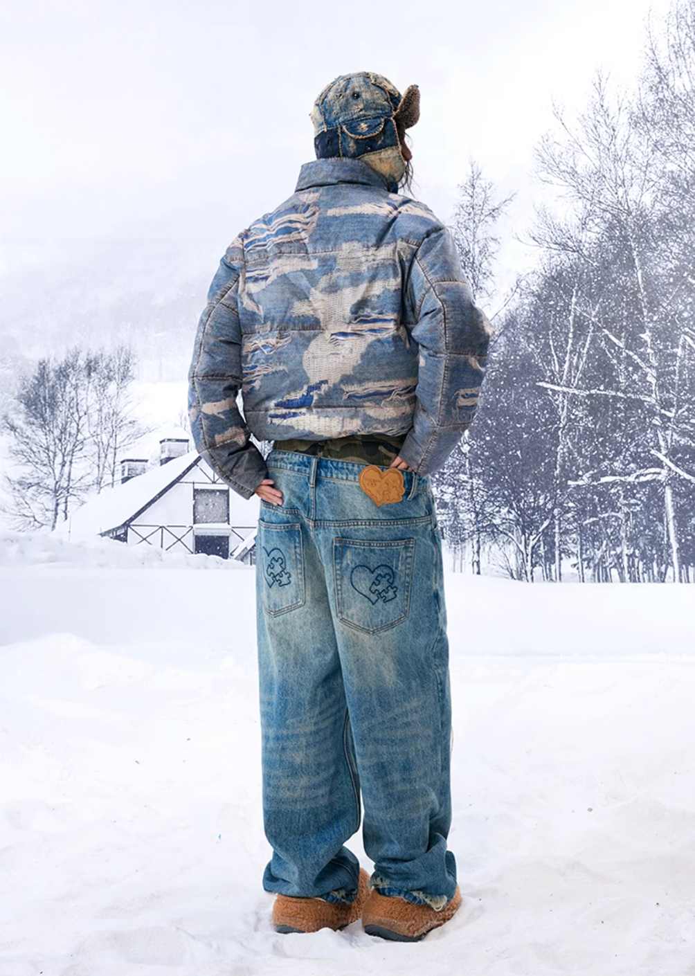 YADcrew Ragged Oil Denim Printed Down Jacket | Face 3 Face