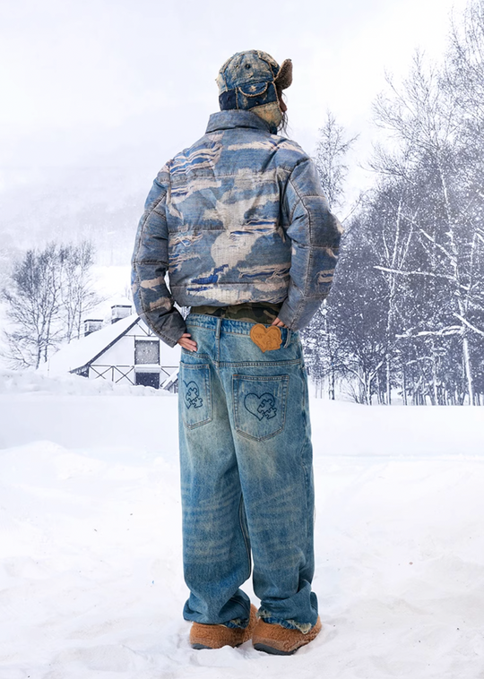 YADcrew Ragged Oil Denim Printed Down Jacket | Face 3 Face