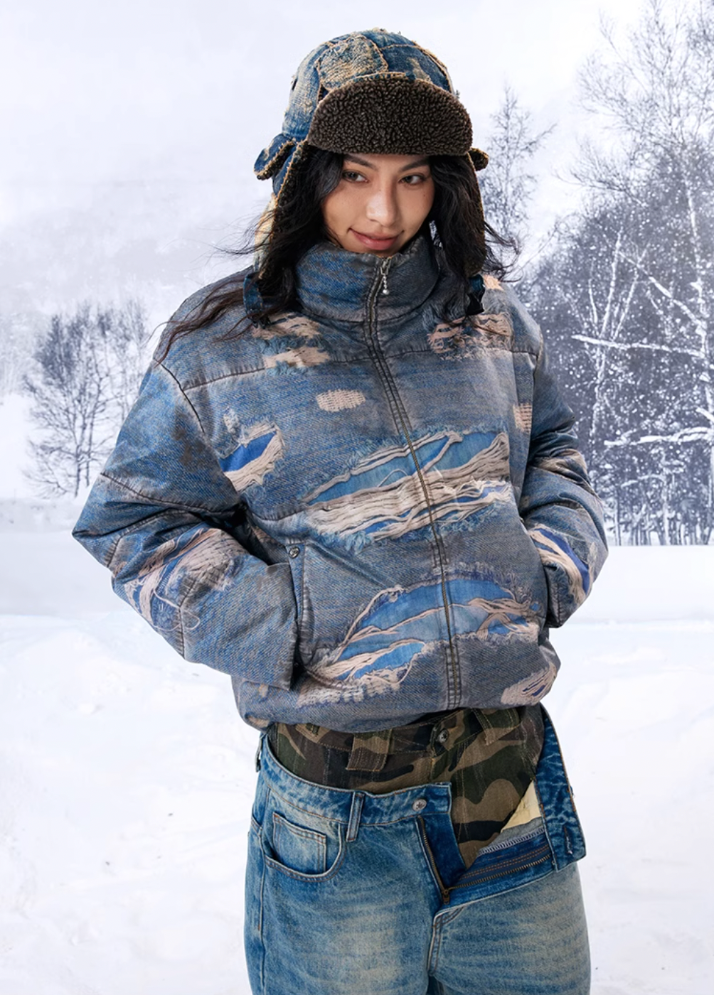 YADcrew Ragged Oil Denim Printed Down Jacket | Face 3 Face