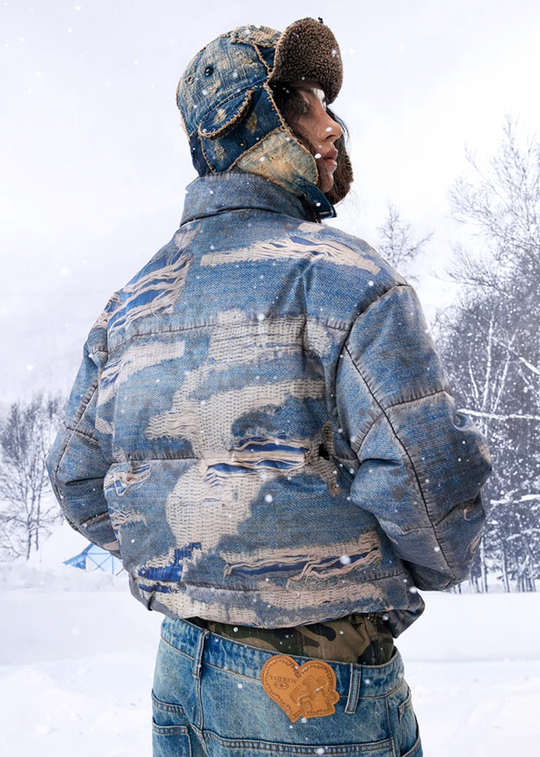 YADcrew Ragged Oil Denim Printed Down Jacket | Face 3 Face