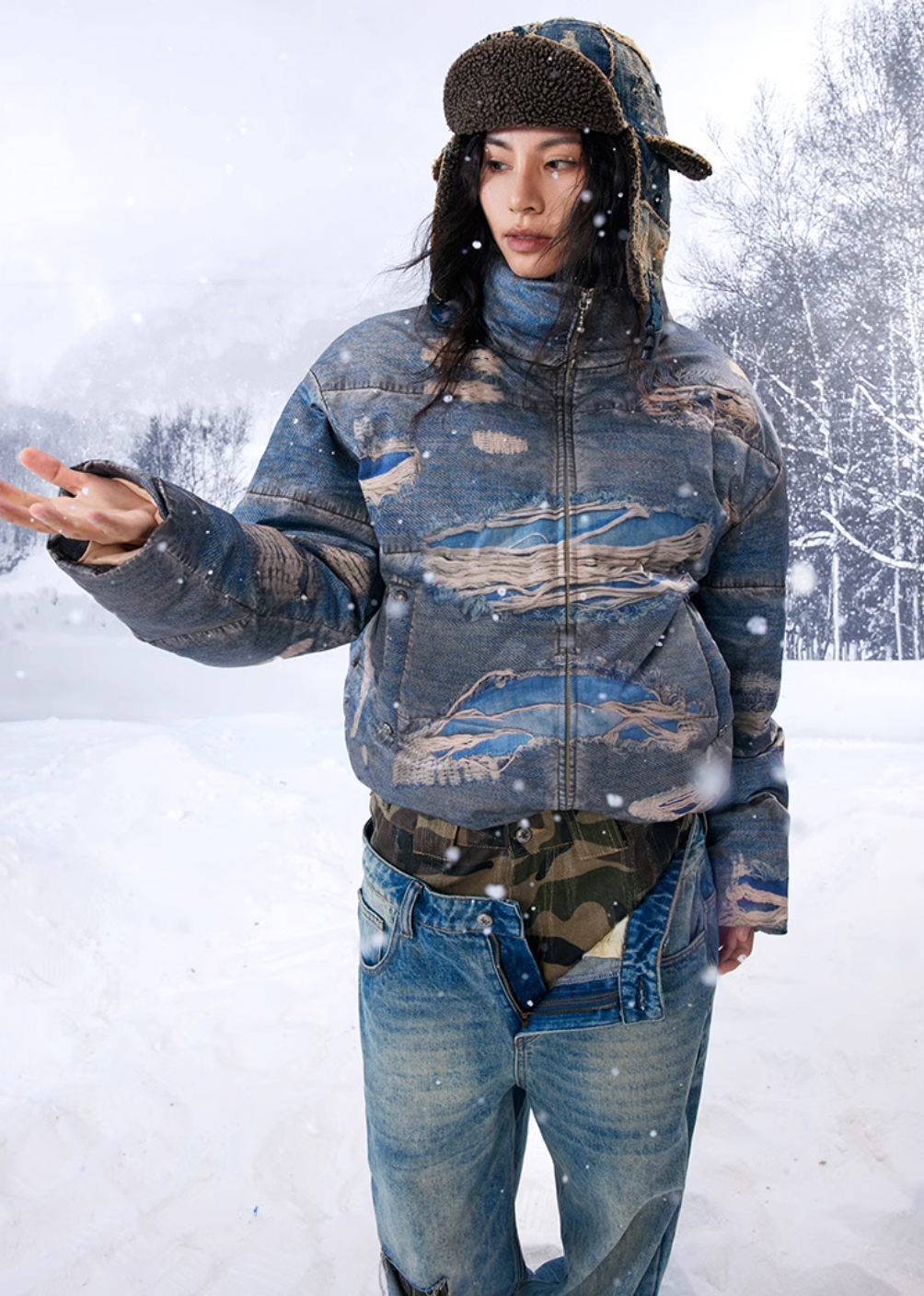 YADcrew Ragged Oil Denim Printed Down Jacket | Face 3 Face