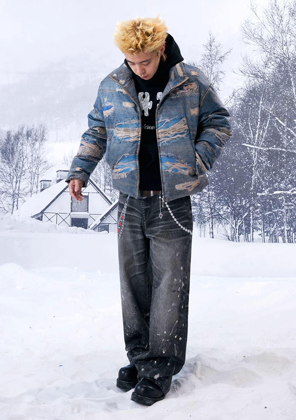 YADcrew Ragged Oil Denim Printed Down Jacket | Face 3 Face