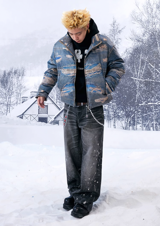 YADcrew Ragged Oil Denim Printed Down Jacket | Face 3 Face