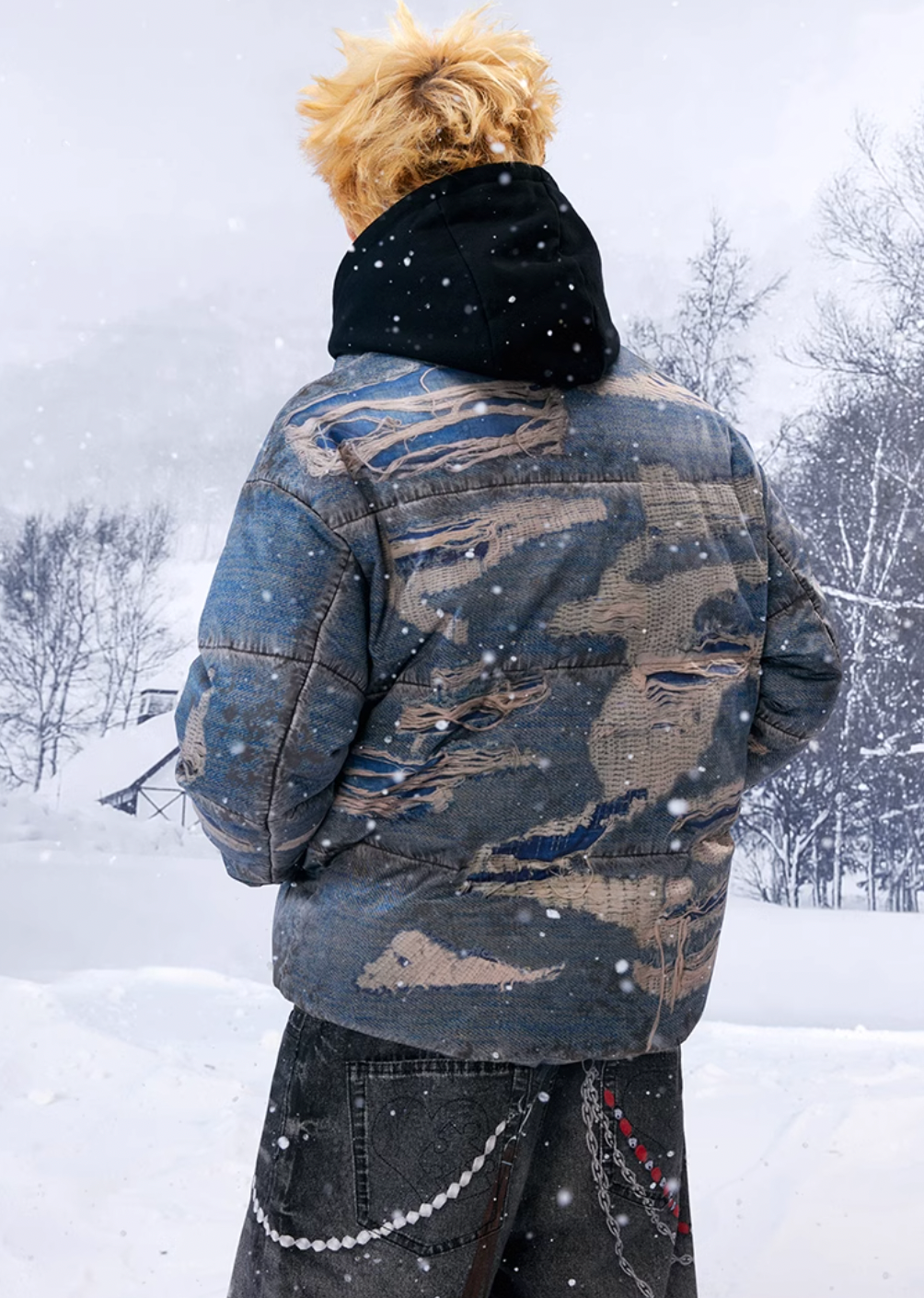 YADcrew Ragged Oil Denim Printed Down Jacket | Face 3 Face