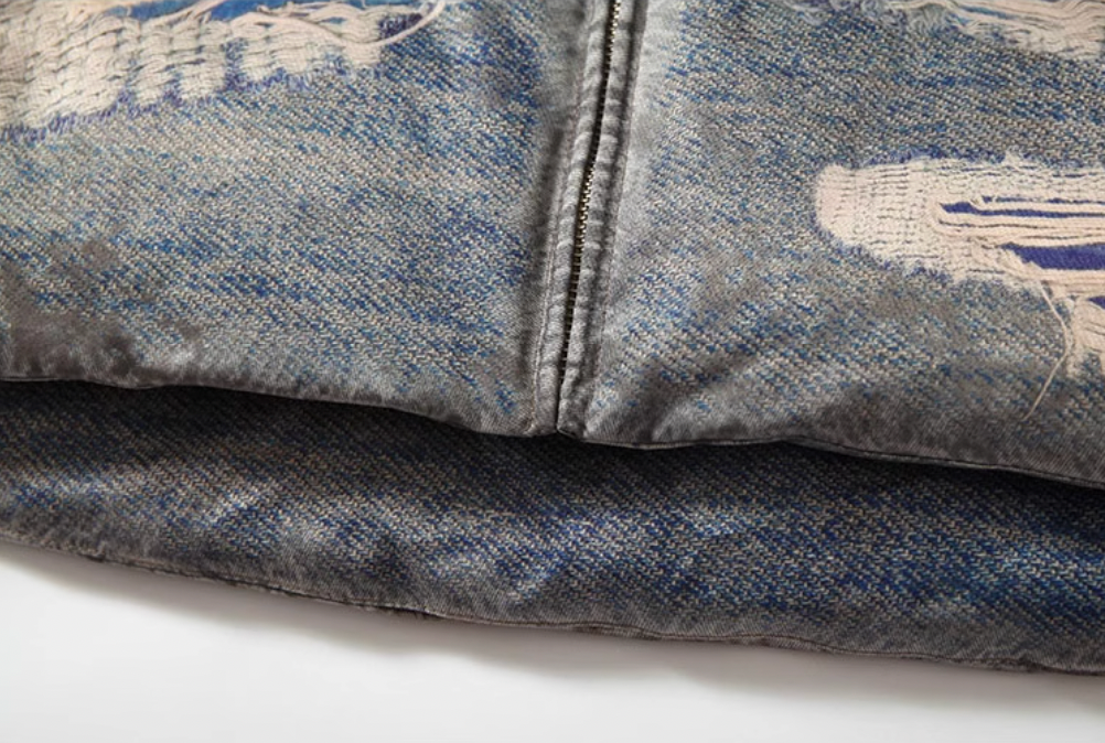 YADcrew Ragged Oil Denim Printed Down Jacket | Face 3 Face