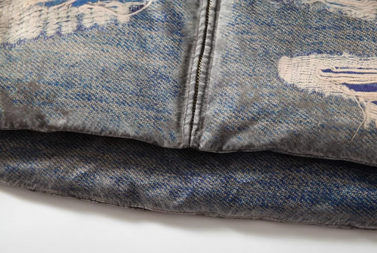 YADcrew Ragged Oil Denim Printed Down Jacket | Face 3 Face