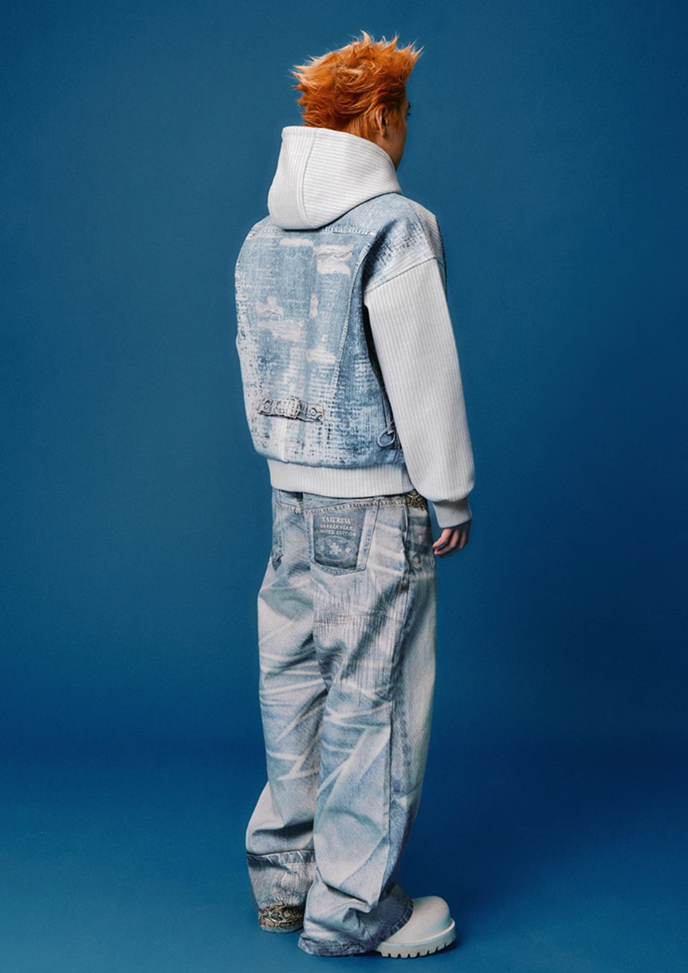 YADcrew Stripped Denim Wool Textured Print Hooded Jacket | Face 3 Face