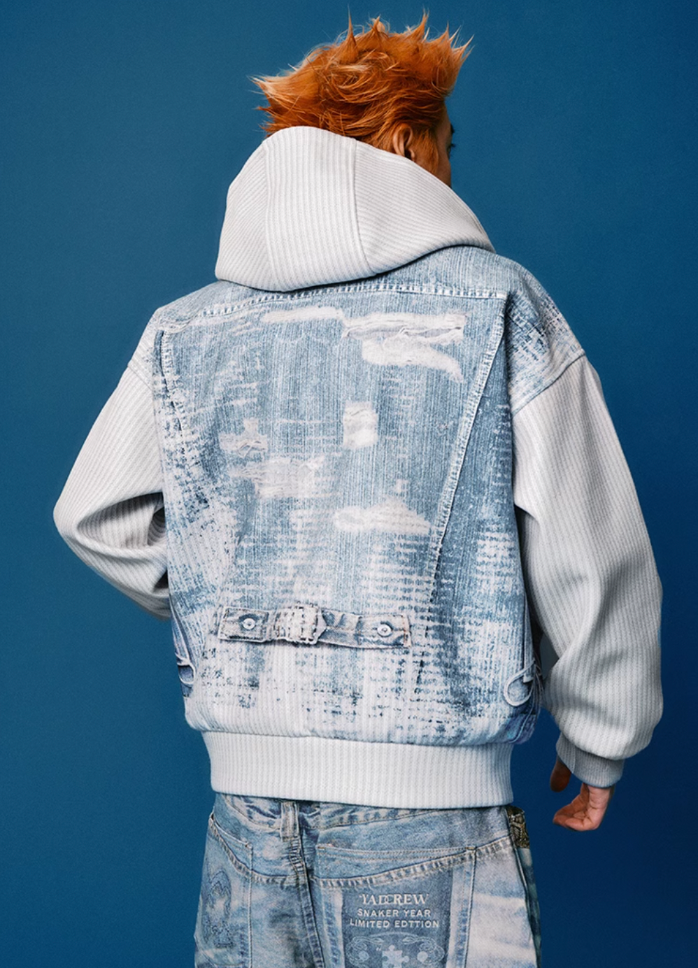 YADcrew Stripped Denim Wool Textured Print Hooded Jacket | Face 3 Face