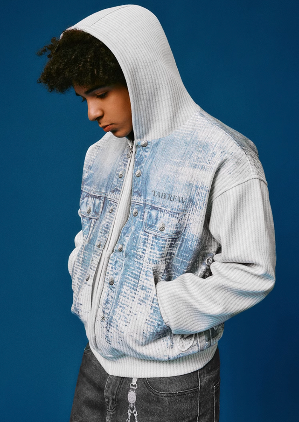 YADcrew Stripped Denim Wool Textured Print Hooded Jacket | Face 3 Face