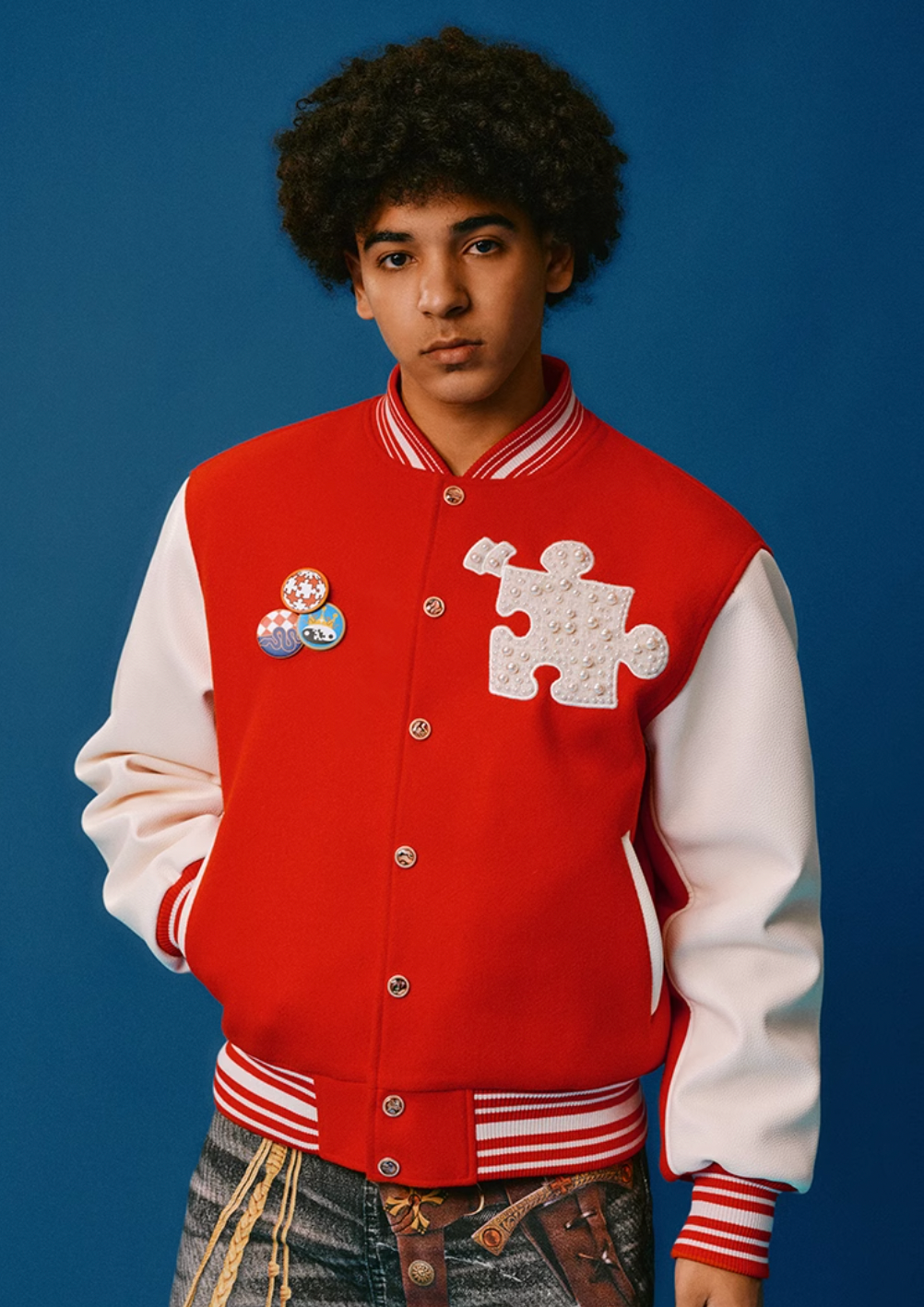 YADcrew Puzzle Snake Pearl Varsity Jacket | Face 3 Face