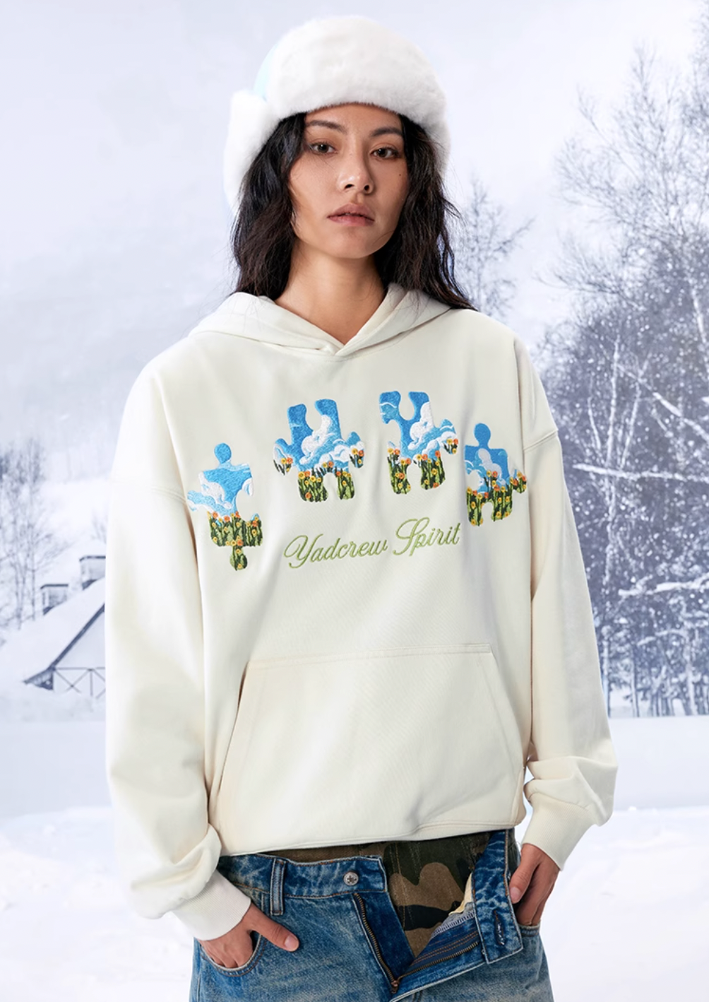 YADcrew Blue Sky Flower Puzzle Embroidery Hoodie | Face 3 Face