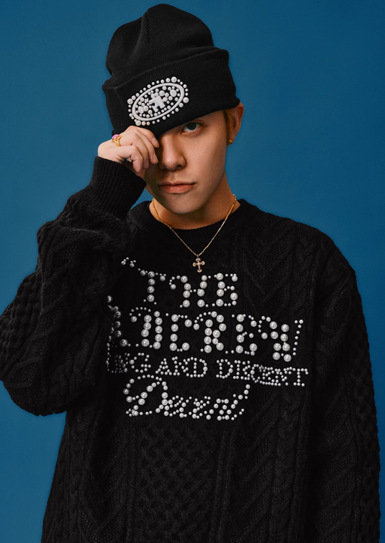 YADcrew Pearl Text Typography Knit Sweater | Face 3 Face