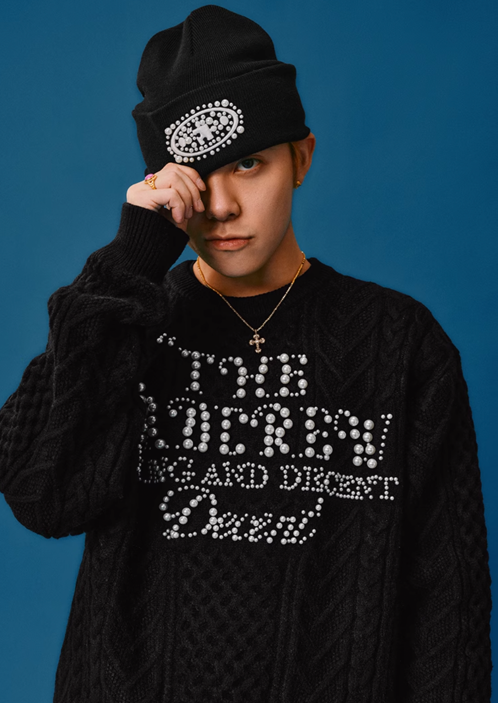 YADcrew Pearl Text Typography Knit Sweater | Face 3 Face