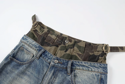 YADcrew Camouflage Splicing Double Waistband Baggy Jeans | Face 3 Face