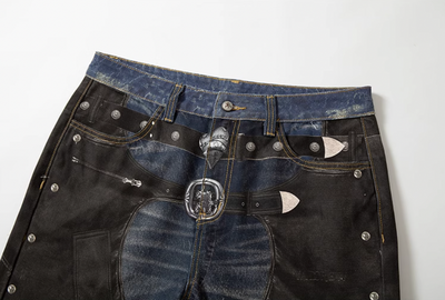 YADcrew Rivet Straps Printed Patchwork Leather Jeans | Face 3 Face