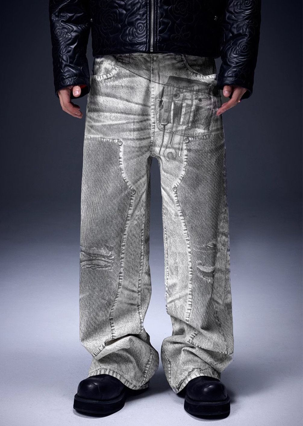 YADcrew X-ray Printed Double Knee Baggy Jeans | Face 3 Face