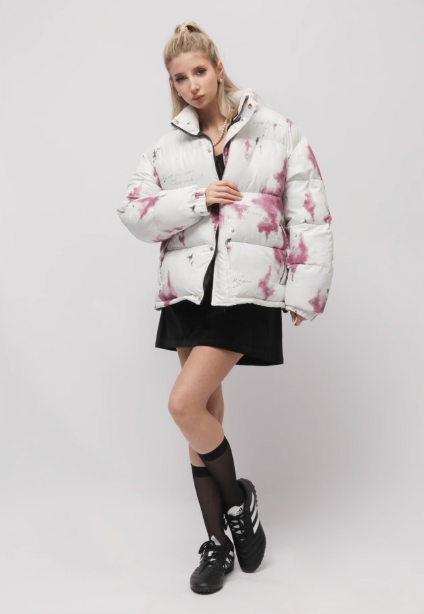 EMPTY REFERENCE Watercolor Poetry Printed Puffer Jacket | Face 3 Face