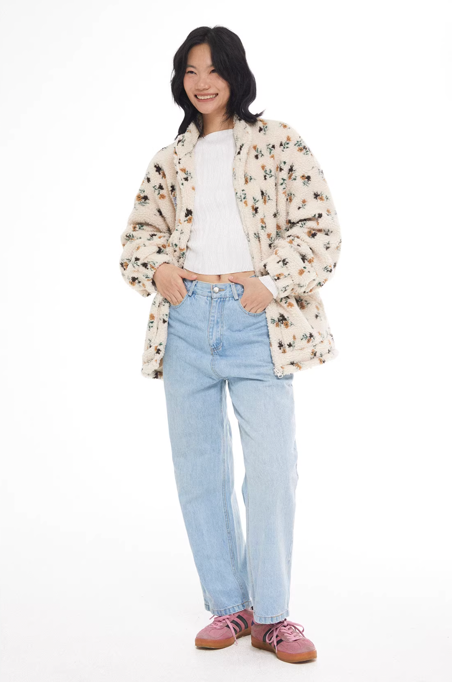 EMPTY REFERENCE Floral Pattern Sherpa Fleece Jacket | Face 3 Face