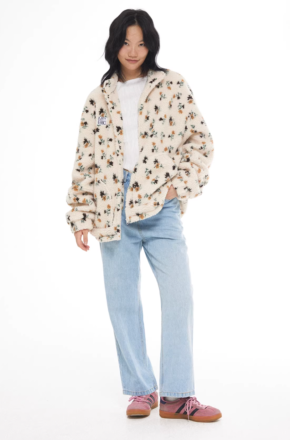 EMPTY REFERENCE Floral Pattern Sherpa Fleece Jacket | Face 3 Face