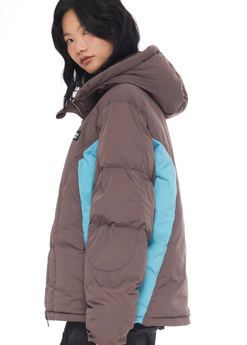 EMPTY REFERENCE Brown Patchwork Hooded Down Jacket | Face 3 Face