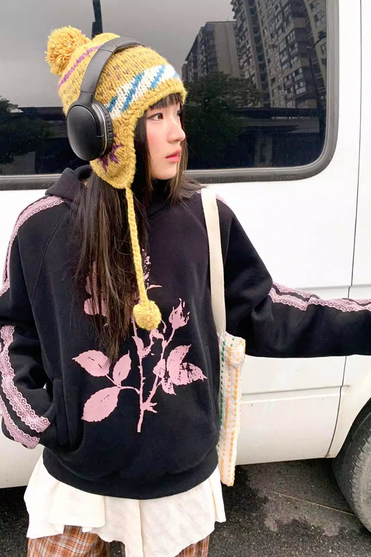 EMPTY REFERENCE Rose Printed Lace Hoodie | Face 3 Face