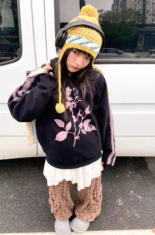 EMPTY REFERENCE Rose Printed Lace Hoodie | Face 3 Face