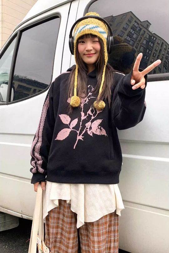 EMPTY REFERENCE Rose Printed Lace Hoodie | Face 3 Face