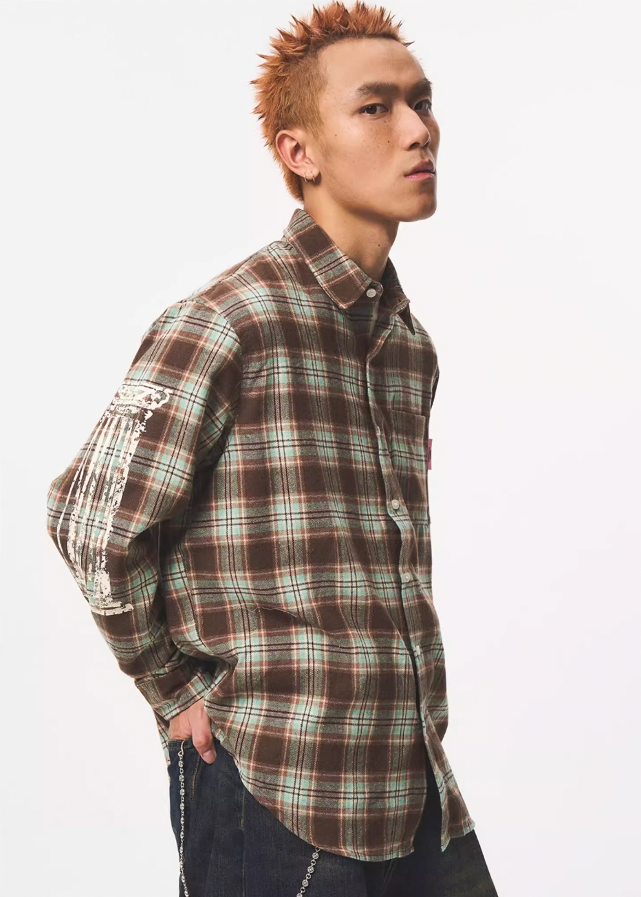 EMPTY REFERENCE Roman Column Print Plaid Long Sleeve Shirt | Face 3 Face