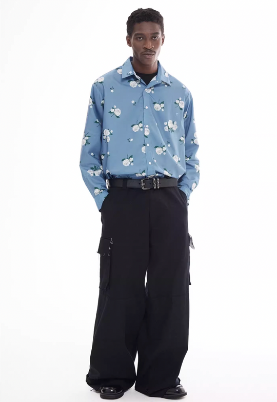 EMPTY REFERENCE Rose Print Blue Long Sleeve Shirt | Face 3 Face