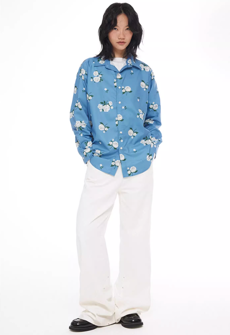 EMPTY REFERENCE Rose Print Blue Long Sleeve Shirt | Face 3 Face