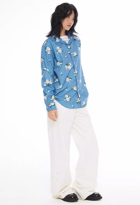 EMPTY REFERENCE Rose Print Blue Long Sleeve Shirt | Face 3 Face