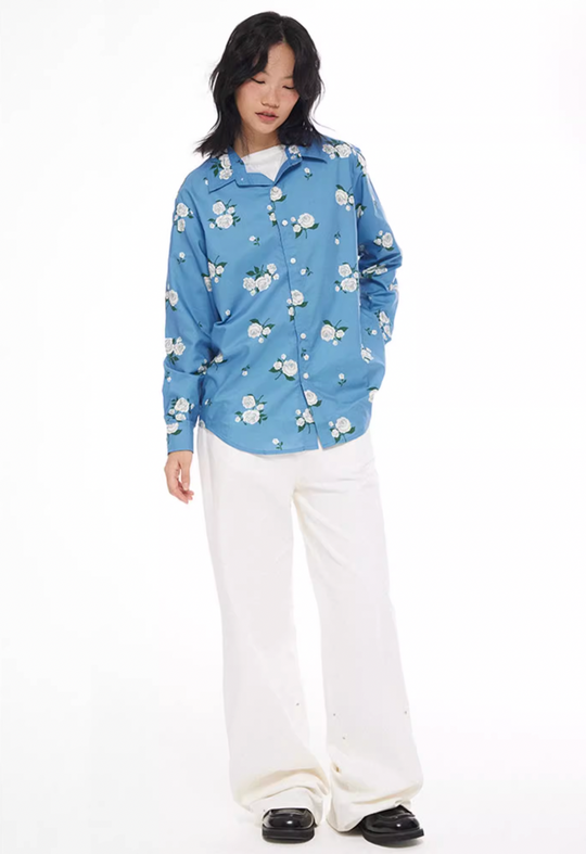 EMPTY REFERENCE Rose Print Blue Long Sleeve Shirt | Face 3 Face