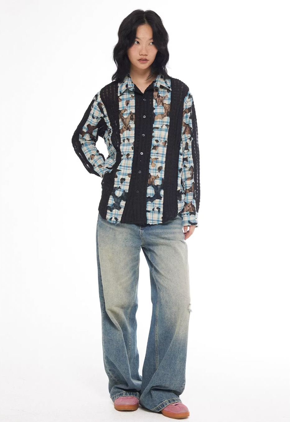 EMPTY REFERENCE Plaid Lace Patchwork Long Sleeve Shirt | Face 3 Face