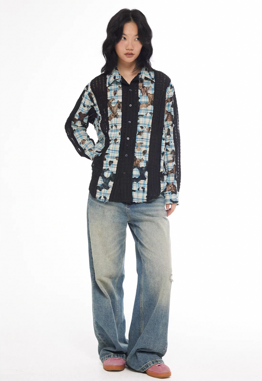 EMPTY REFERENCE Plaid Lace Patchwork Long Sleeve Shirt | Face 3 Face