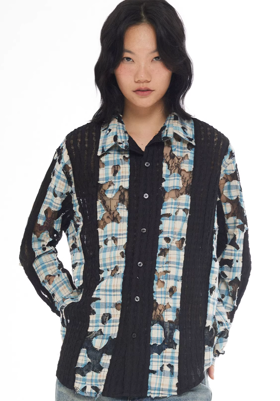 EMPTY REFERENCE Plaid Lace Patchwork Long Sleeve Shirt | Face 3 Face