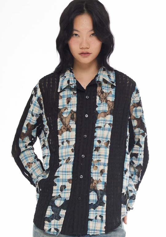 EMPTY REFERENCE Plaid Lace Patchwork Long Sleeve Shirt | Face 3 Face